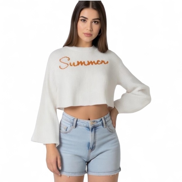 moon & madison Sweaters - Moon & Madison White Cotton Relaxed Cropped LS Sweater 'Summer'  XLarge misses